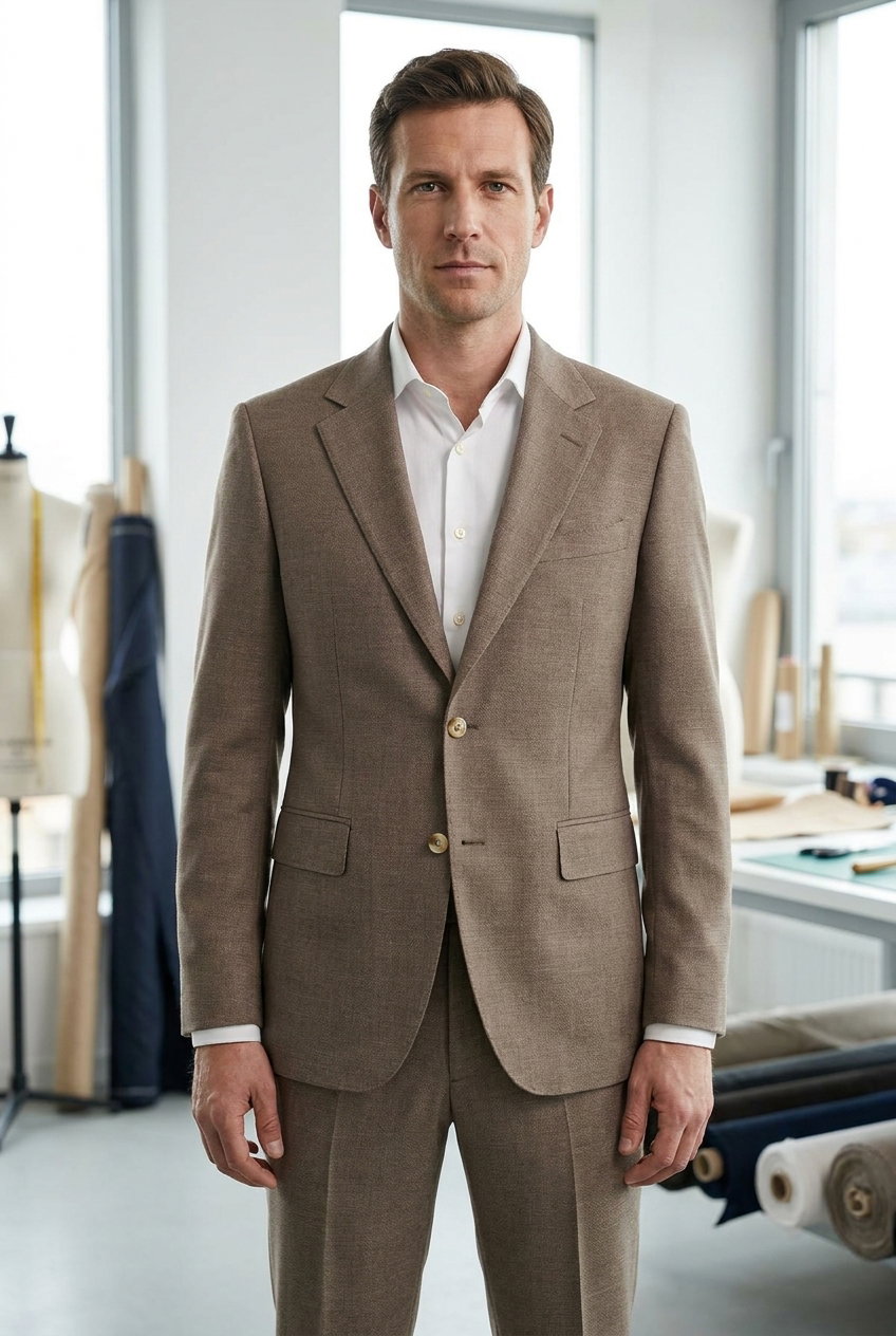Anzug – PERMANENT SUMMER SOLIDS, Hochwertiger Wollstoff in einem eleganten Braunton, ideal für stilvolle Anzüge. Leicht und atmungsaktiv, perfekt für die Frühlings- und Sommersaison.