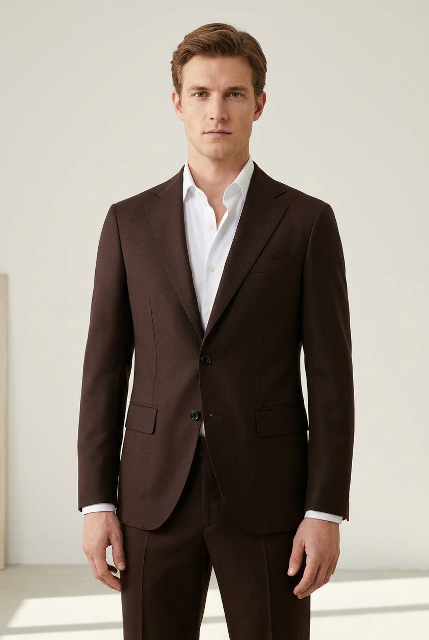 Anzug – PERMANENT HERITAGE, Dieser hochwertige Stoff aus 100% Wolle bietet eine edle, glatte Oberfläche in einem dunklen Braunton, ideal für elegante Businessbekleidung.