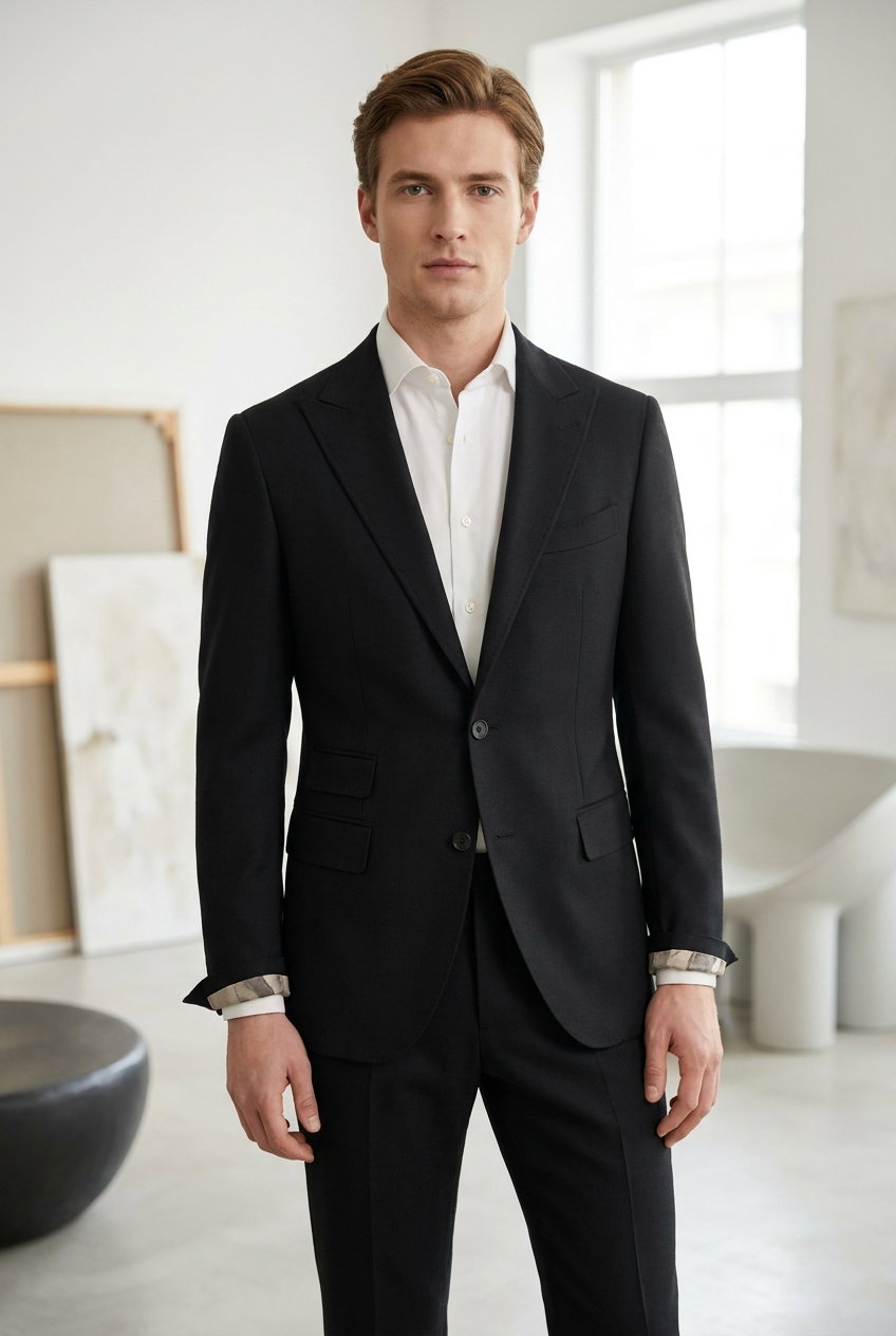 Anzug – PERMANENT HERITAGE, Ein eleganter Stoff aus 100% Wolle in tiefem Schwarz. Ideal für formelle Anlässe und Businessmode.