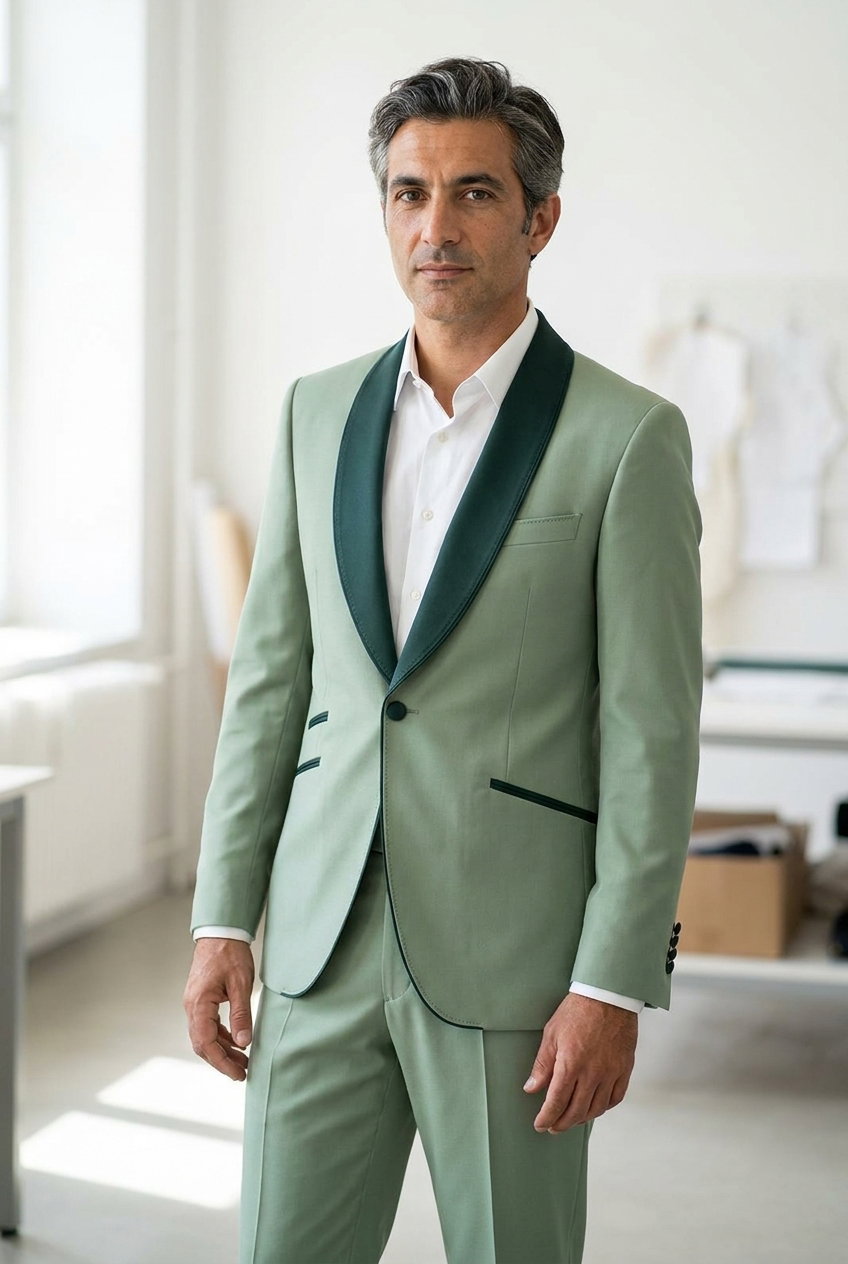 Damen Anzug – Sapeurs 2.0, Dieser Stoff aus 100% reiner Wolle in der Farbe Grün-Tee eignet sich hervorragend für moderne Kleidungsstücke. Mit einer glatten Textur und mittlerem Gewicht ist er vielseitig einsetzbar.