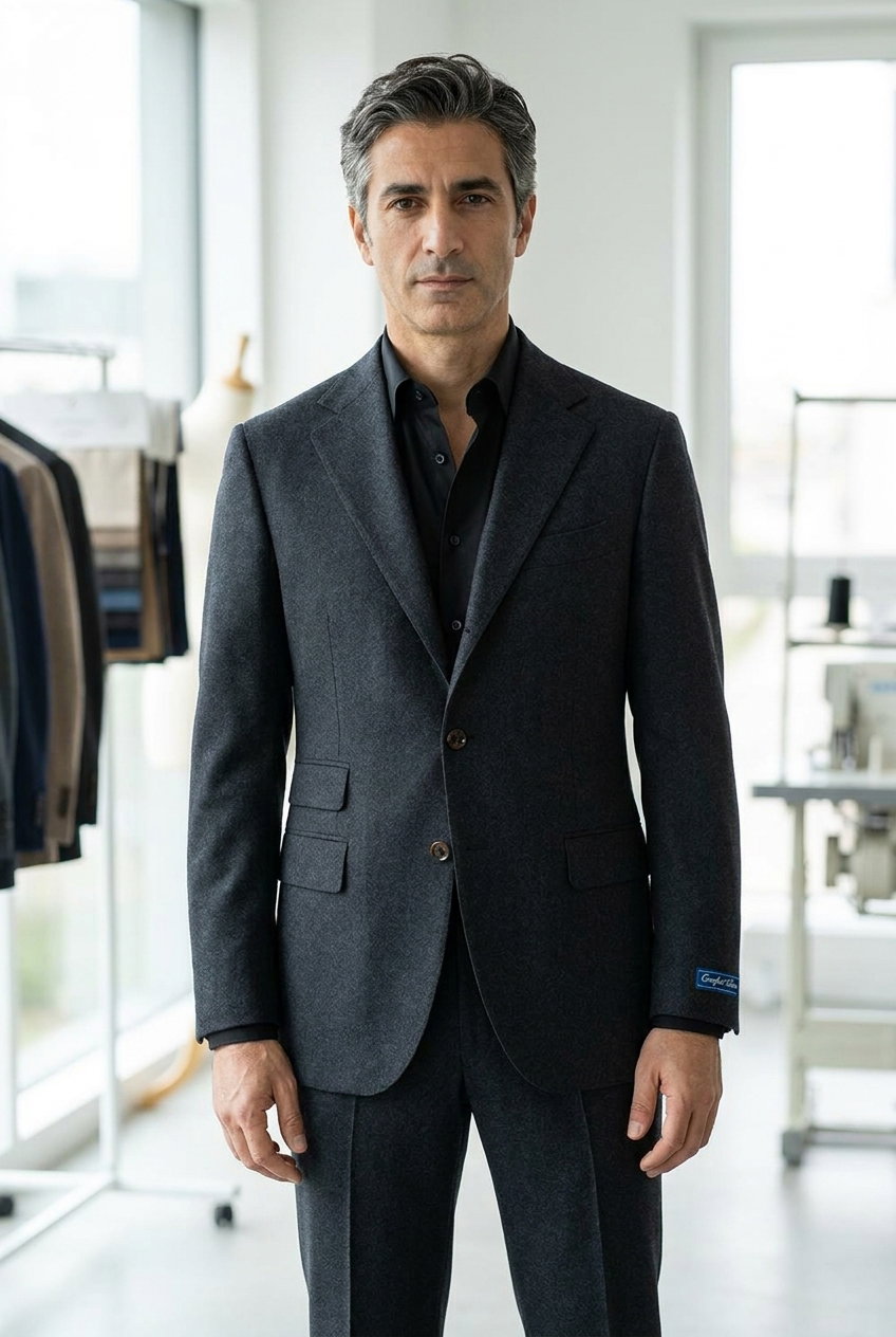 Anzug – W25 FLANNELS PERMANENT, Dieser hochwertige Stoff aus Wolle und Cashmere bietet eine elegante, glatte Oberfläche in dunklem Anthrazit. Ideal für formelle Bekleidung im Herbst und Winter.