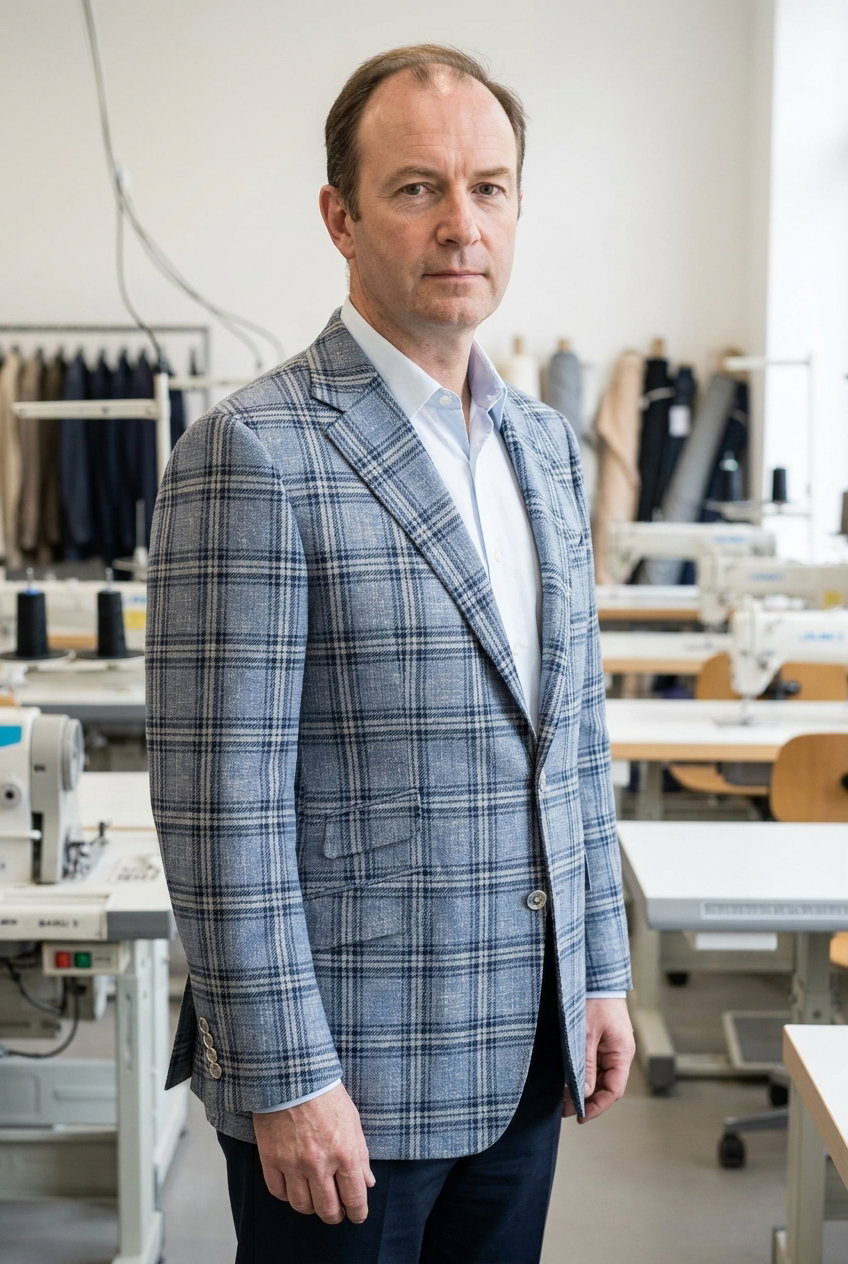Sakko Casual – JACK SUNLIGHT, Dieser karierte Stoff in Blau- und Beigetönen eignet sich hervorragend für sportliche Jacken. Mit einer strukturierten Oberfläche bietet er eine besondere Haptik und Eleganz.