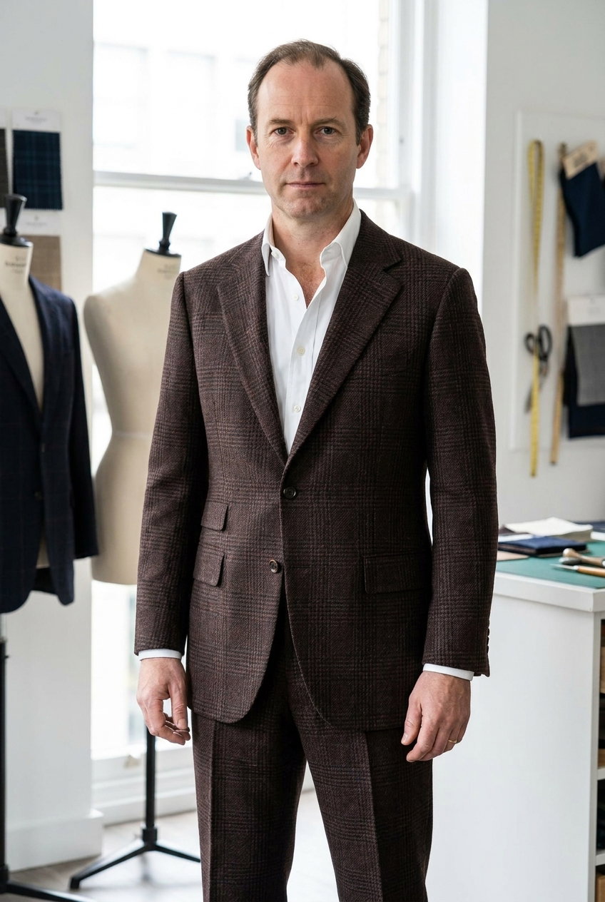 Anzug – TROFEO CASHMERE, Dunkelbrauner Prince-of-Wales Wollstoff mit feinem Karomuster und matter, strukturierter Oberfläche.