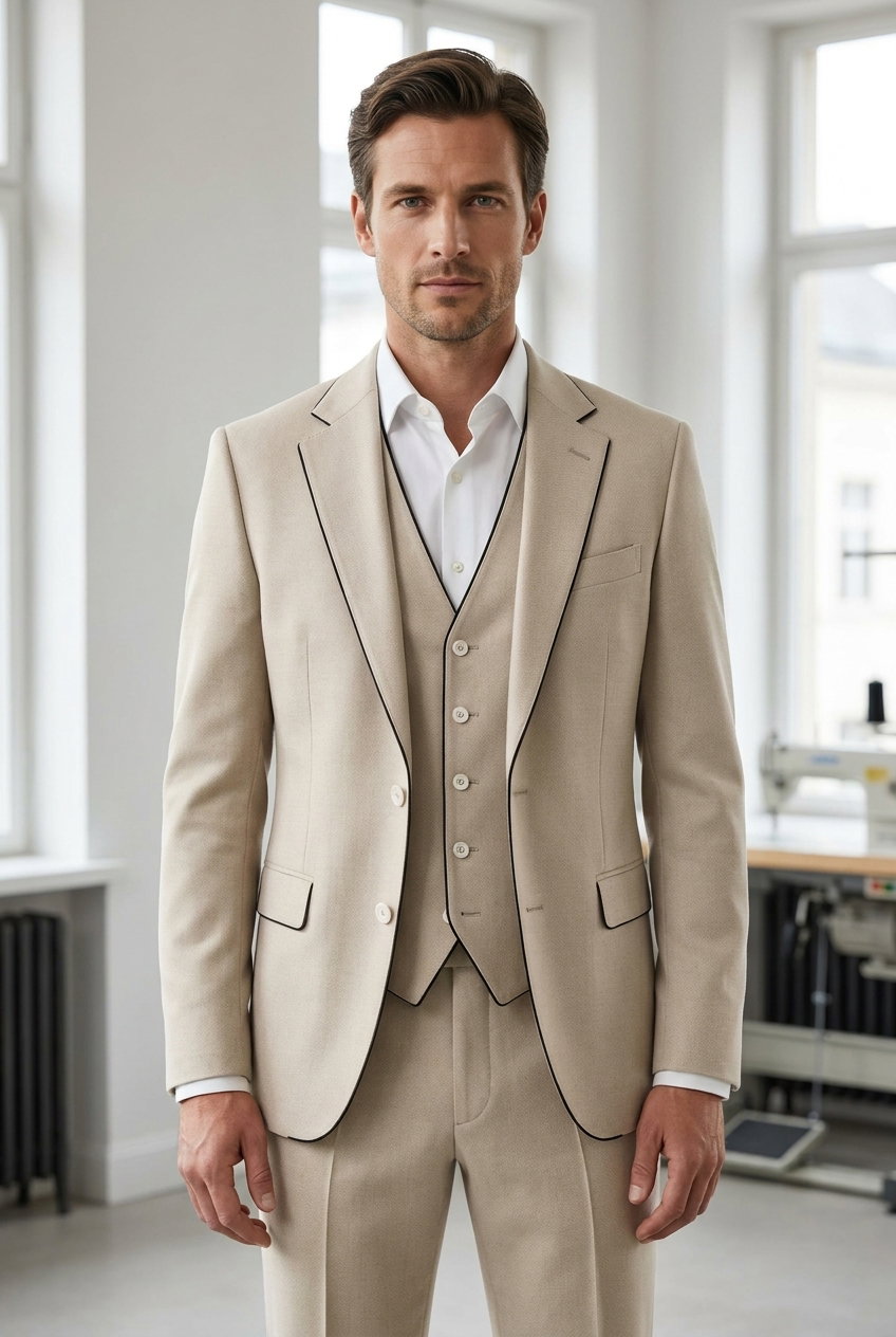 Anzug – NEW DELUXE, Hellbeiger 100% Wollstoff, uni mit strukturierter Oberfläche, matt, 260g.