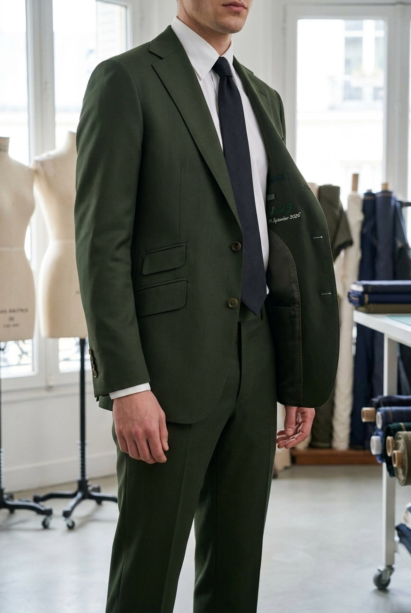 Anzug – Sapeurs 2.0, Dieser edle Bi-Stretch-Wollstoff in Militärgrün eignet sich hervorragend für moderne, einzigartige Bekleidungsstücke. Mit einem Gewicht von 250g bietet er sowohl Komfort als auch Stil.