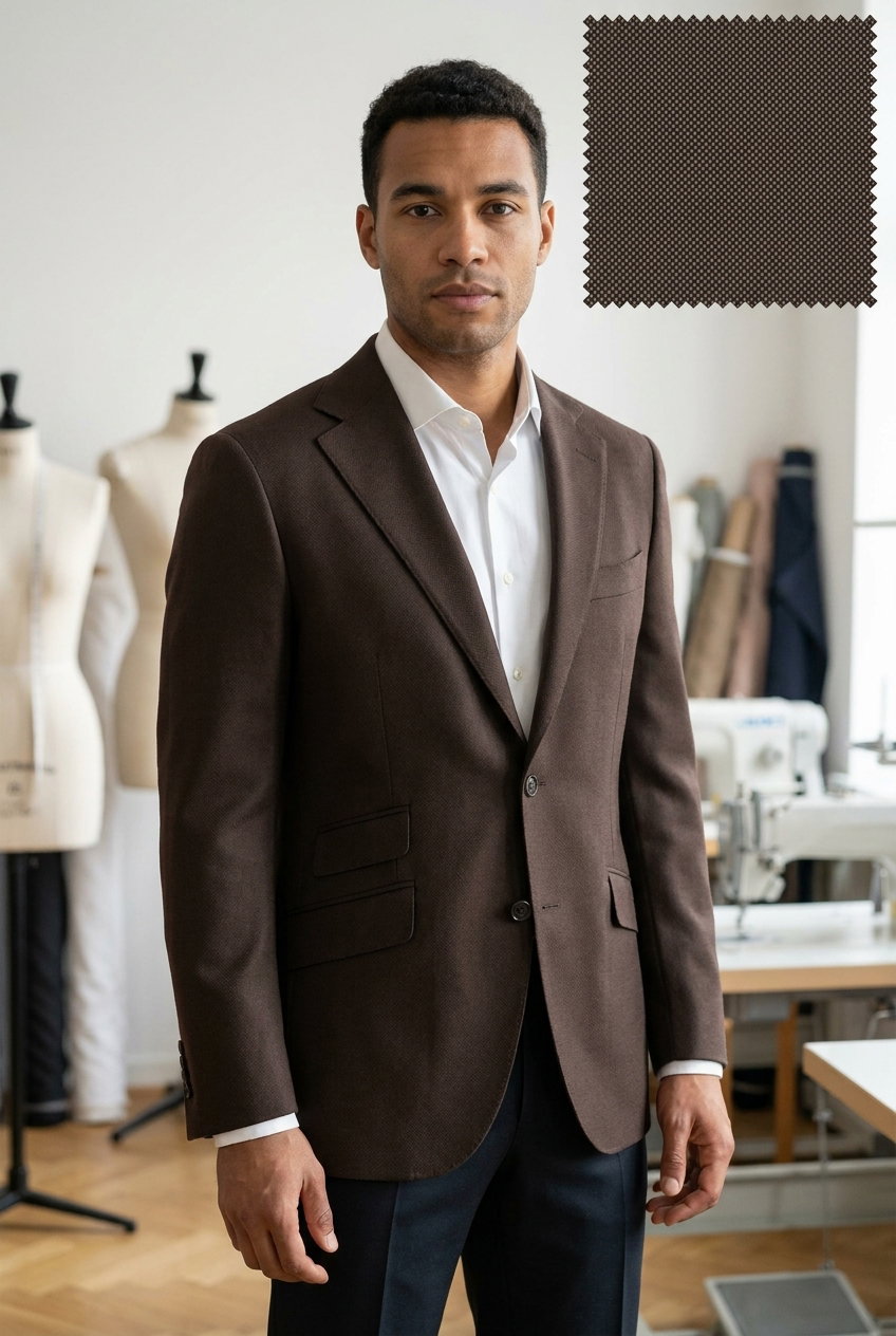 Sakko Casual – PERMANENT HERITAGE, Dieser hochwertige Stoff aus 100% Wolle bietet eine edle, glatte Oberfläche in einem dunklen Braunton, ideal für elegante Businessbekleidung.