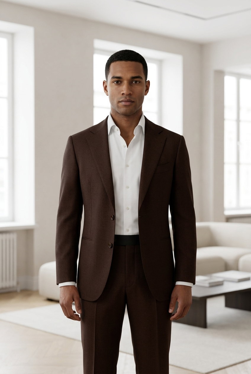 Anzug – PERMANENT HERITAGE, Dieser hochwertige Stoff aus 100% Wolle bietet eine edle, glatte Oberfläche in einem dunklen Braunton, ideal für elegante Businessbekleidung.