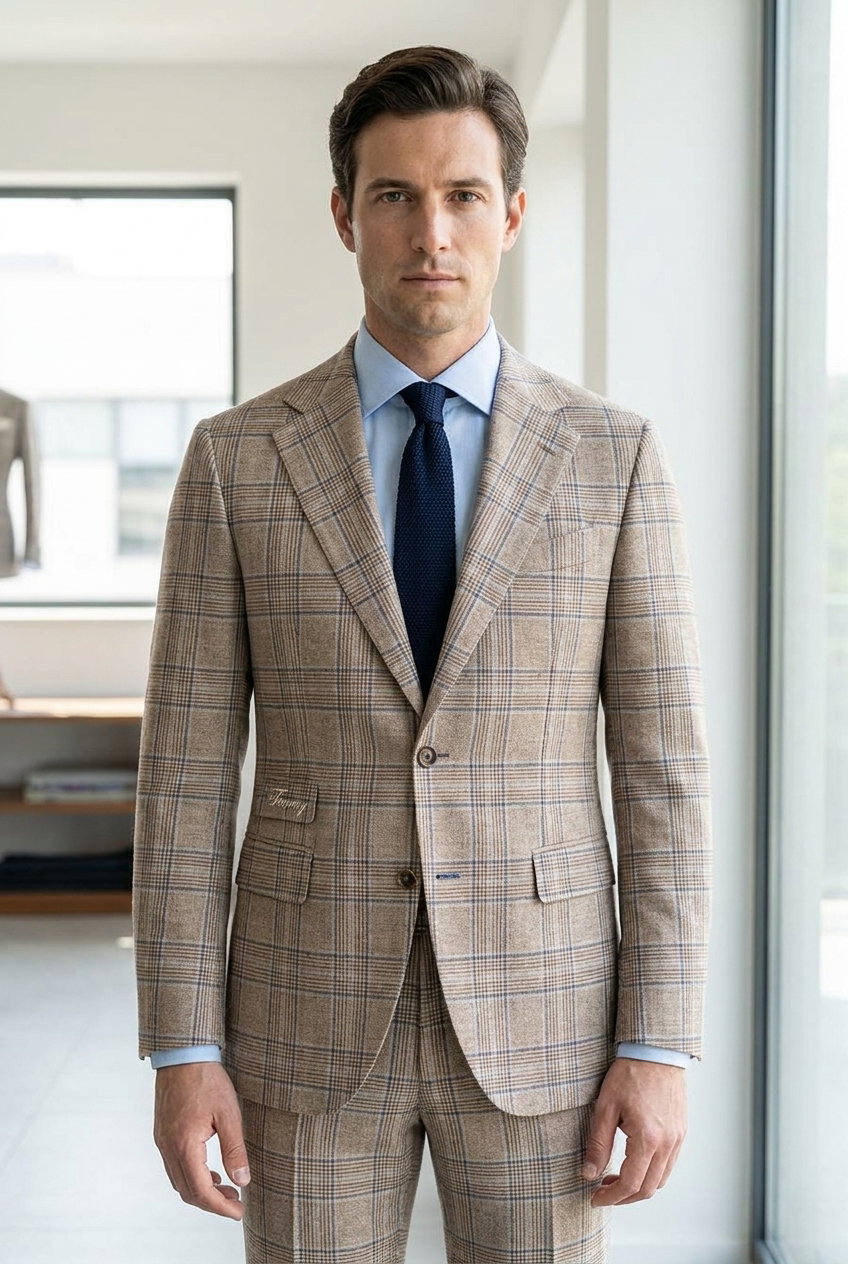 Anzug – TRENDY, Ein eleganter Stoff mit einem feinen Karomuster in Beige und Blau, ideal für Business-Anzüge. Die strukturierte Oberfläche verleiht ihm eine besondere Note.