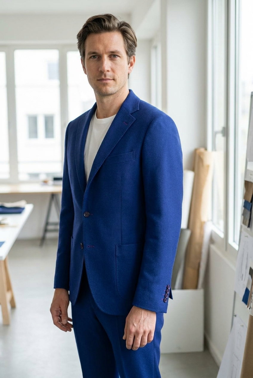 Sakko Casual – CAPRI, Royalblauer 100% Wollstoff, uni mit feiner Struktur und matter Oberfläche, 260g.
