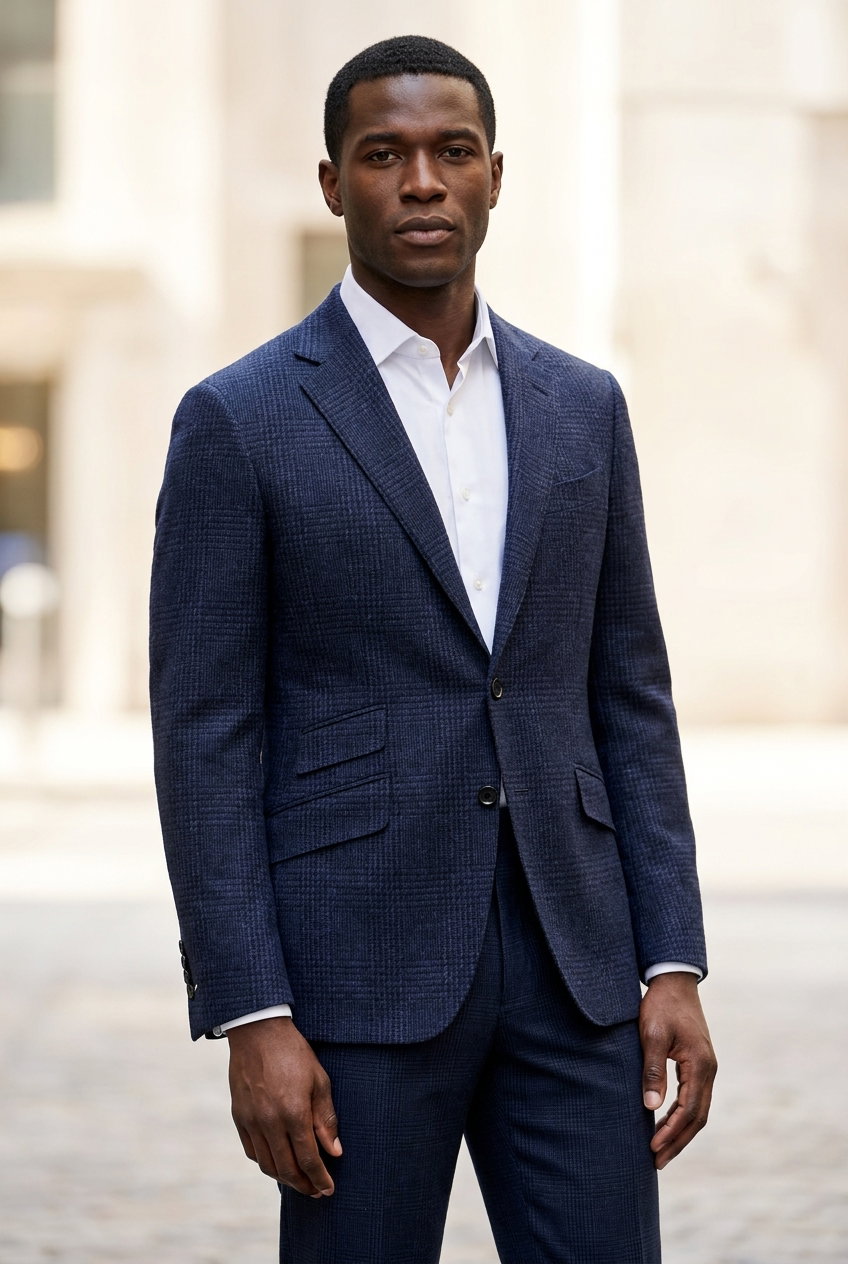 Sakko Casual – 14 Milmil 14, Dunkelblauer Prince-of-Wales-Wollstoff (95% Wolle, 5% WS), strukturierte Oberfläche, 320g.