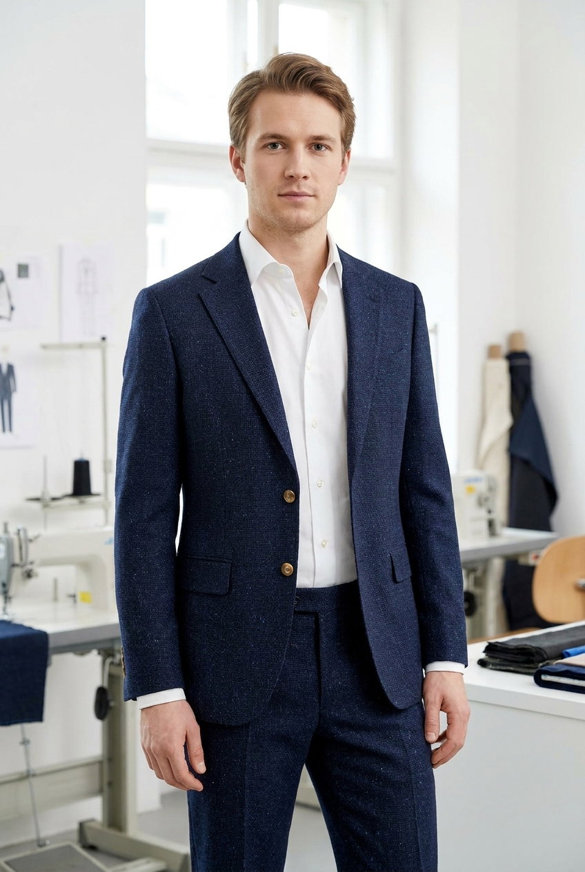 Anzug – LUXURY BLENDED, Dunkelblauer, strukturierter Woll-Seide-Mix mit feinem Melange-Muster und mattem Griff.