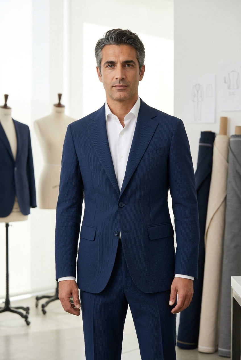 Anzug – Seersucker 2.0, Ein eleganter Streifenstoff aus 96% Baumwolle und 4% Elastam, ideal für formelle Kleidung. Die feine Struktur sorgt für einen ansprechenden Look.