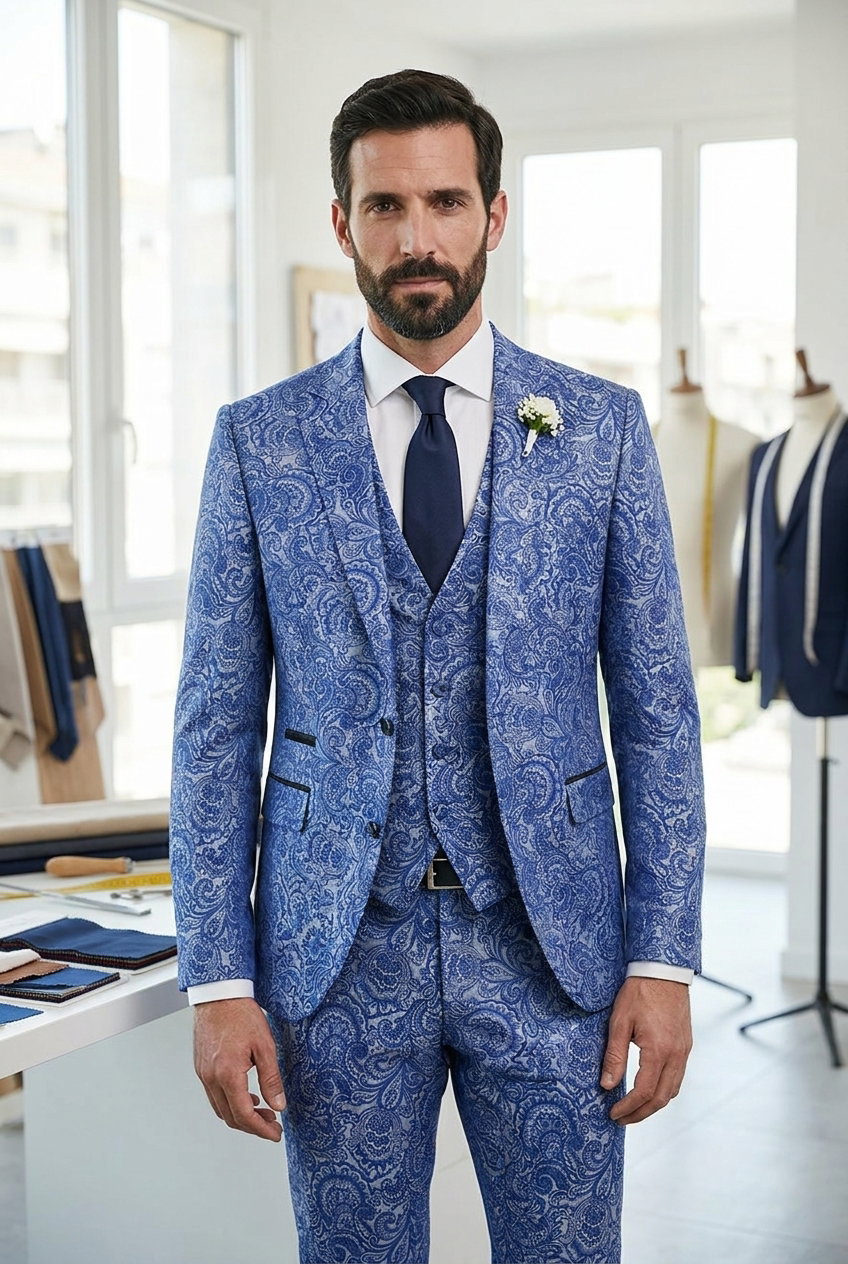 Anzug – PERMANENT WED & PARTY, Ein eleganter Stoff mit einem feinen, blauen Paisleymuster, ideal für festliche Anlässe. Er besteht aus leichtem Polyester und bietet ein angenehmes Tragegefühl.