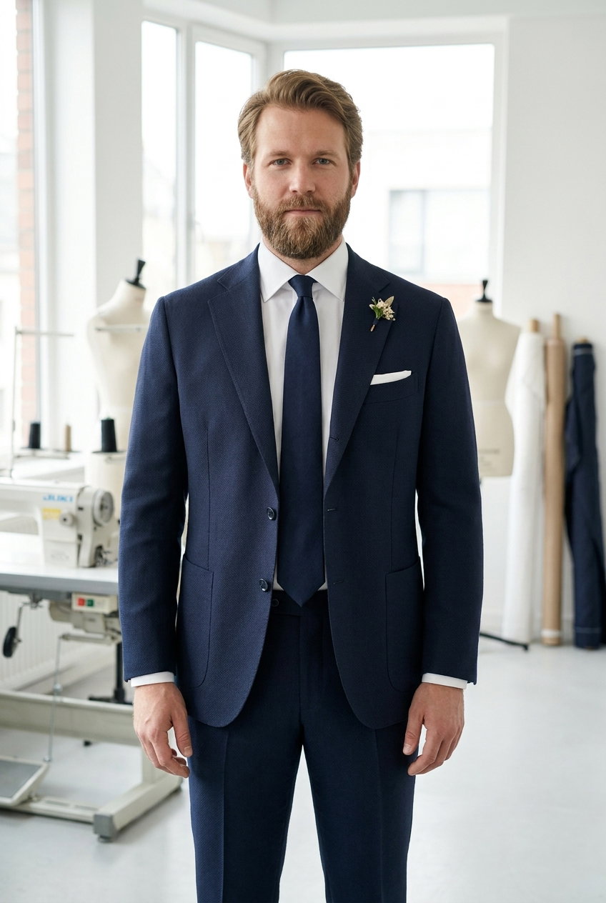 Anzug – Bamboo (Volume: 491-E), Dieser dunkelblaue Stoff aus Bambus mit Hopsack-Webung bietet eine angenehme Leichtigkeit und eignet sich ideal für elegante Business-Outfits.