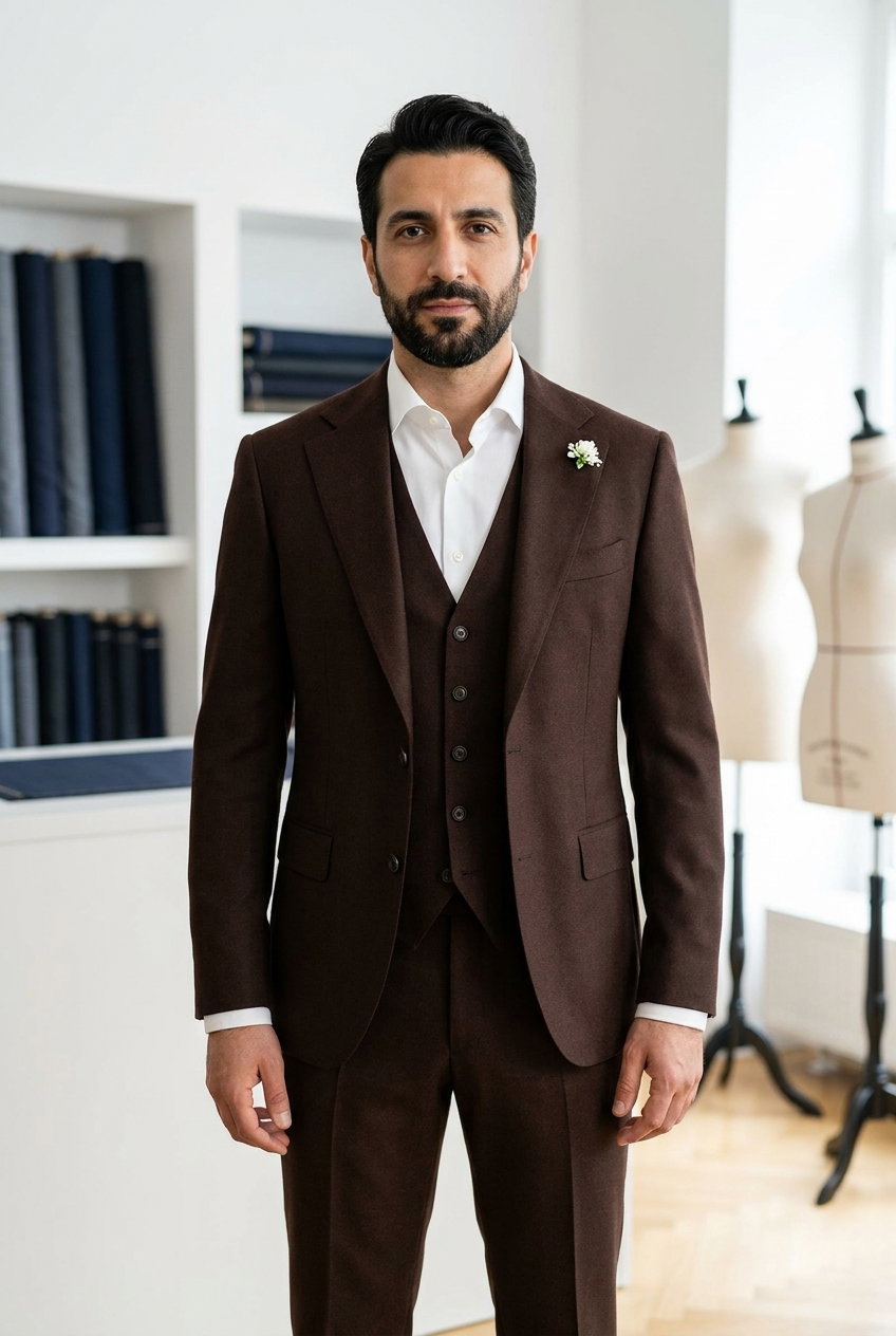 Anzug – PERMANENT HERITAGE, Dieser hochwertige Stoff aus 100% Wolle bietet eine edle, glatte Oberfläche in einem dunklen Braunton, ideal für elegante Businessbekleidung.