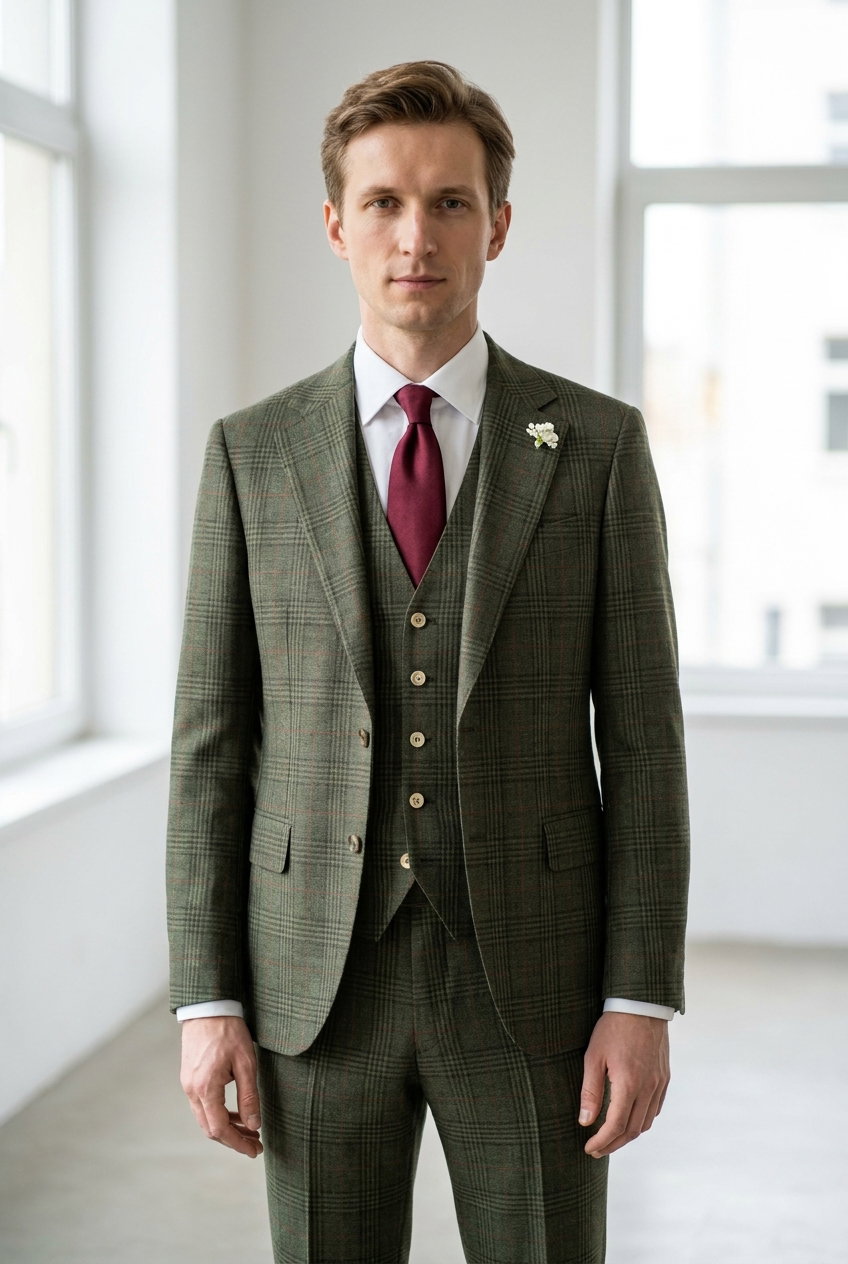 Anzug – JACK SUNSHINE, Ein eleganter Stoff mit Karomuster in mittlerem Grün und feinen roten Linien. Ideal für stilvolle Business-Anzüge.