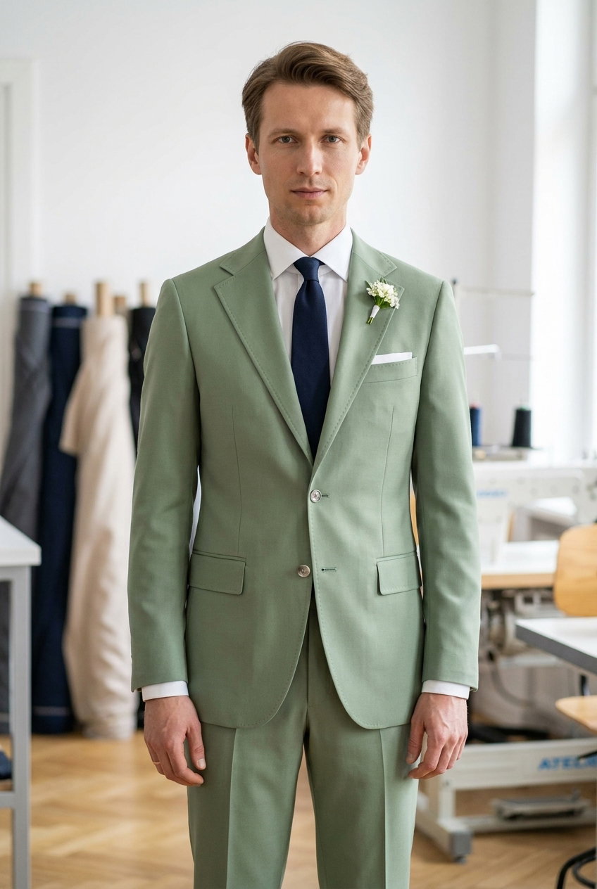 Damen Anzug – Sapeurs 2.0, Dieser Stoff aus 100% reiner Wolle in der Farbe Grün-Tee eignet sich hervorragend für moderne Kleidungsstücke. Mit einer glatten Textur und mittlerem Gewicht ist er vielseitig einsetzbar.