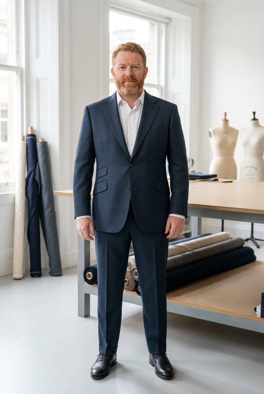 Anzug – Mohair, Dunkelblauer Woll-Mohair-Stoff mit feinem Vogelauge-Muster und leichtem Glanz.