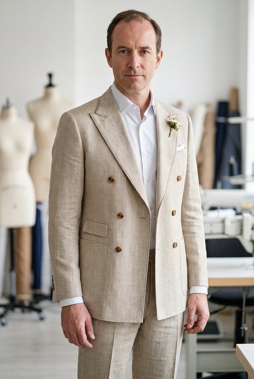 Anzug – JACK SUNSHINE, Dieser feine, kariierte Stoff aus einer Mischung von Leinen und Wolle bietet eine angenehme Textur und ist vielseitig einsetzbar für elegante Businessmode.