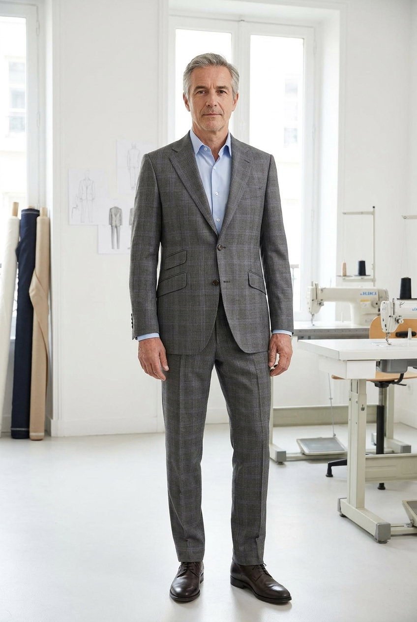 Anzug – SUITMATE REFINED WOOL SELECTION, Mittelgrauer 100% Schurwollstoff mit feinem Karo und mattem Griff, 270g.