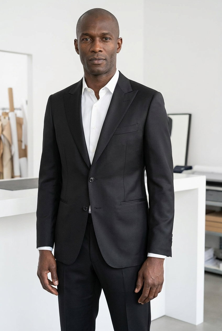 Anzug – Dinner Jackets, Eleganter Stoff in Schwarz aus 75% Schurwolle und 25% Seide, ideal für formelle Kleider und Anzüge.
