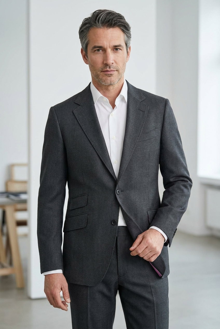Anzug – SUITMATE REFINED WOOL SELECTION, Dunkelgrauer 100% Schurwollstoff mit feiner Twill-Struktur, 270g Gewicht.