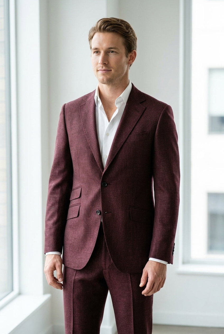 Anzug – JACKETS & TROUSERS, Dunkelroter Woll-Seide-Stoff mit feiner Melange-Struktur, 320g.