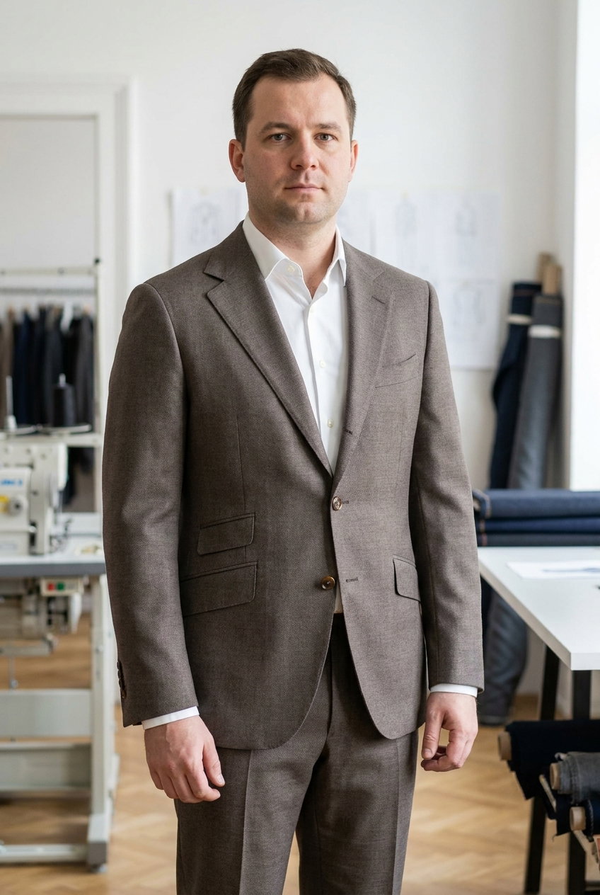 Anzug – TROFEO, Mittelbrauner 100% Wollstoff mit feinem Pick-and-pick Melange und matter Struktur.