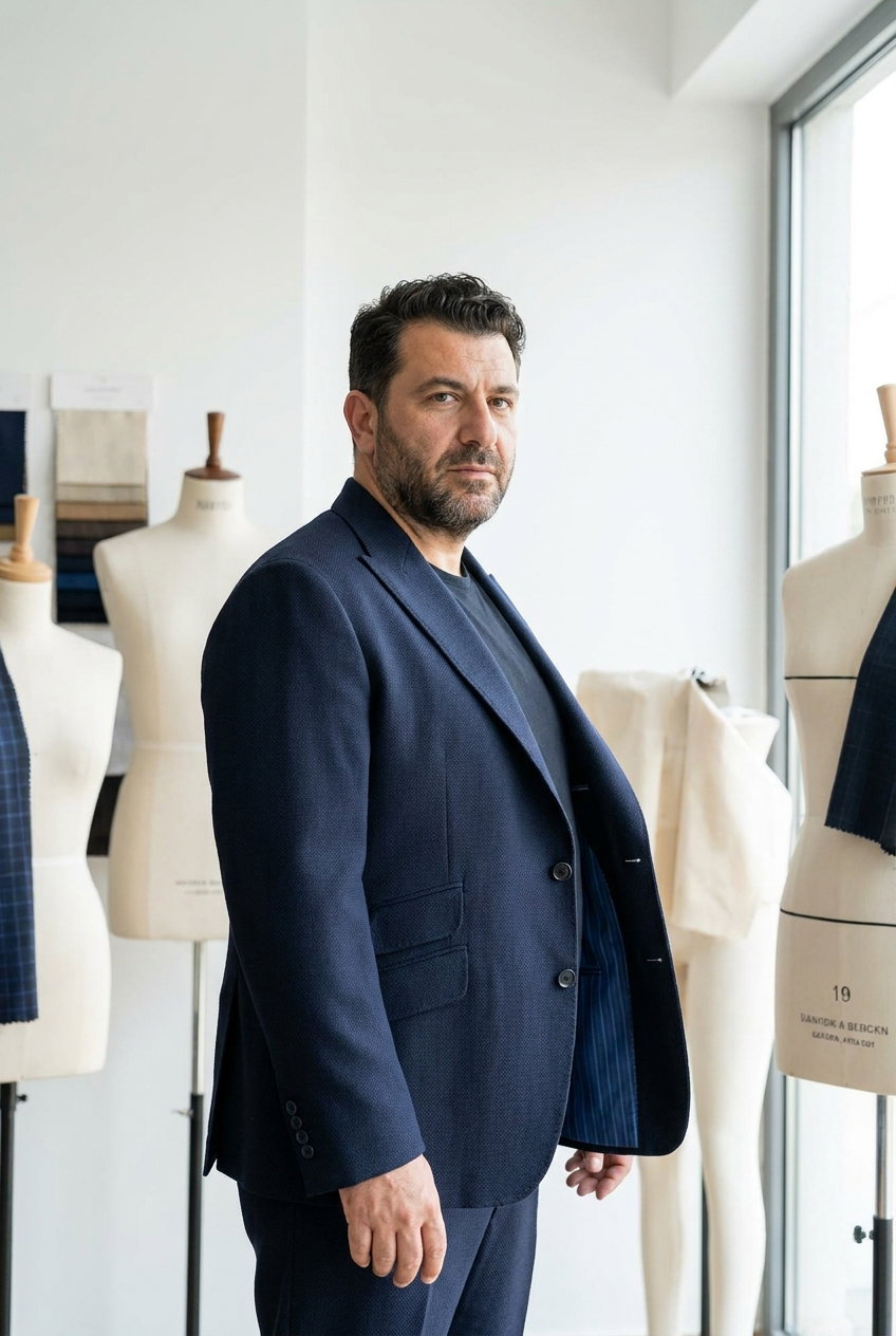 Sakko Casual – Montecarlo, Dunkelblauer Wollstoff mit feinem Vogelaugenmuster, matt und strukturierter Oberfläche, 280g.
