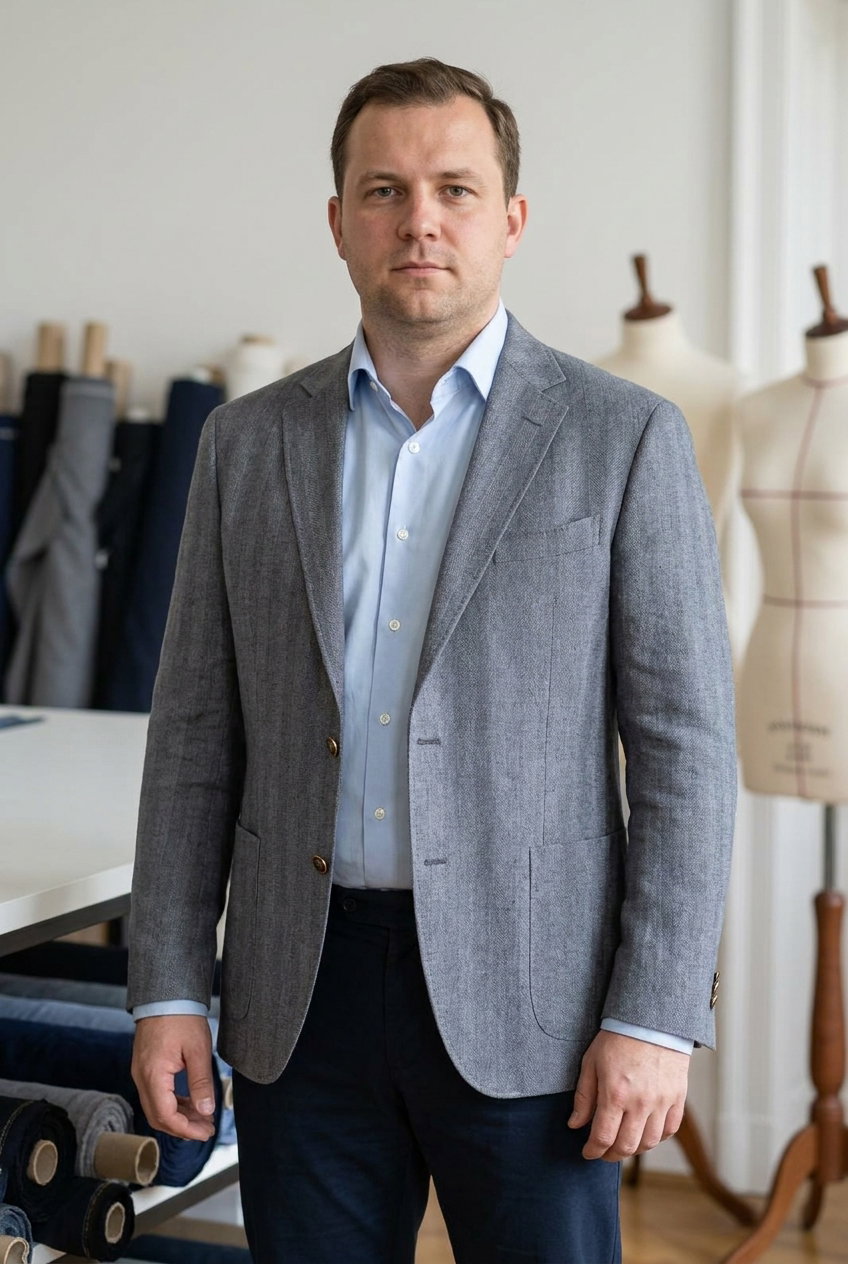 Sakko Casual – Ferla Summer 2.0, Dieser Stoff aus einer hochwertigen Leinenmischung zeichnet sich durch seine feinen Streifen und Mikrotexturen aus, ideal für eine leichte und schicke Sommerjacke.