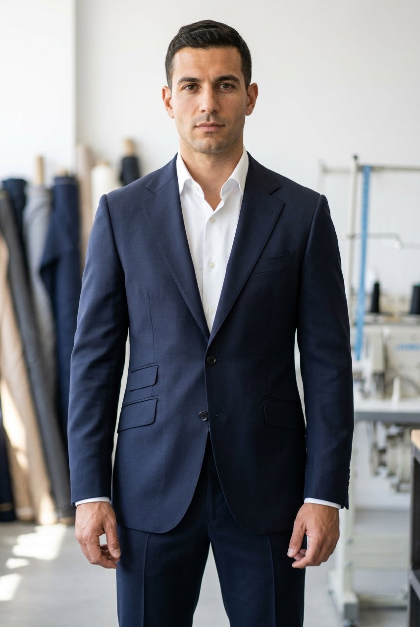 Anzug – Luxury Wool Stretch (Volume: 667), Dunkelblauer Wollstoff mit elastischem Griff und glatter Oberfläche.
