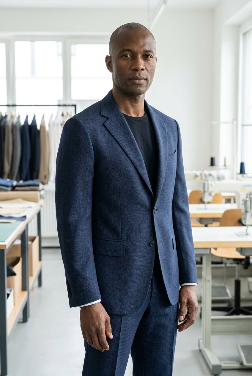 Sakko Casual – Montecarlo, Dunkelblauer 100% Wollstoff mit feiner Melange-Struktur und mattem Griff.