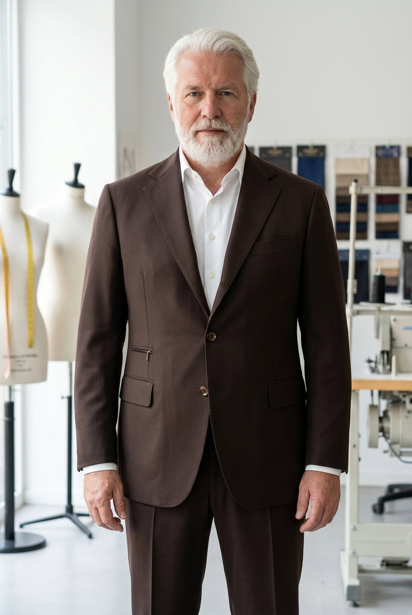 Anzug – PERMANENT ESSENTIALS, Eleganter Wollstoff in dunkler Schokoladenfarbe. Ideal für klassische Businessbekleidung.