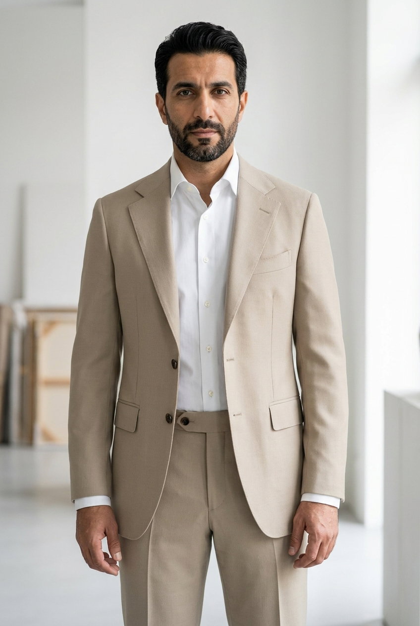 Anzug – Fresco Double Set (Volume: 574), Lichtbeiger Wollstoff im Plain-Weave mit glatter Oberfläche.