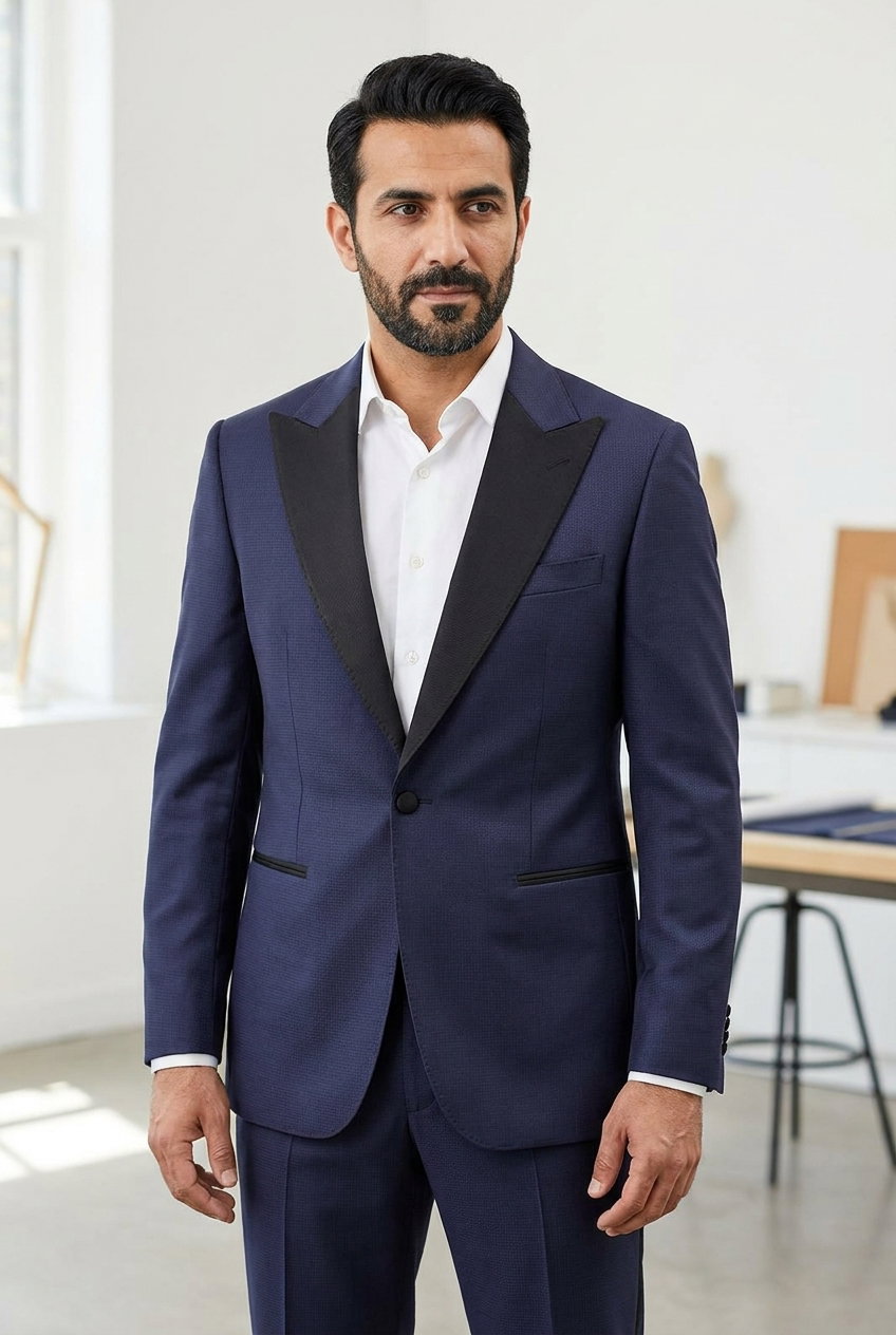 Anzug – Dinner Jackets, Hochwertiger Micro Jacquard Stoff aus Wolle und Seide in Dunkelblau, ideal für elegante formelle Kleider.